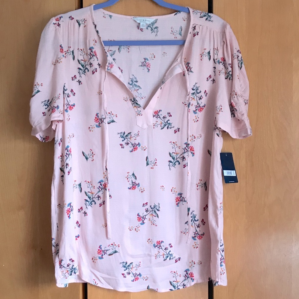 Lucky Brand Pink Multi Floral Tie Rounded Hem Short Sleeve Blouse